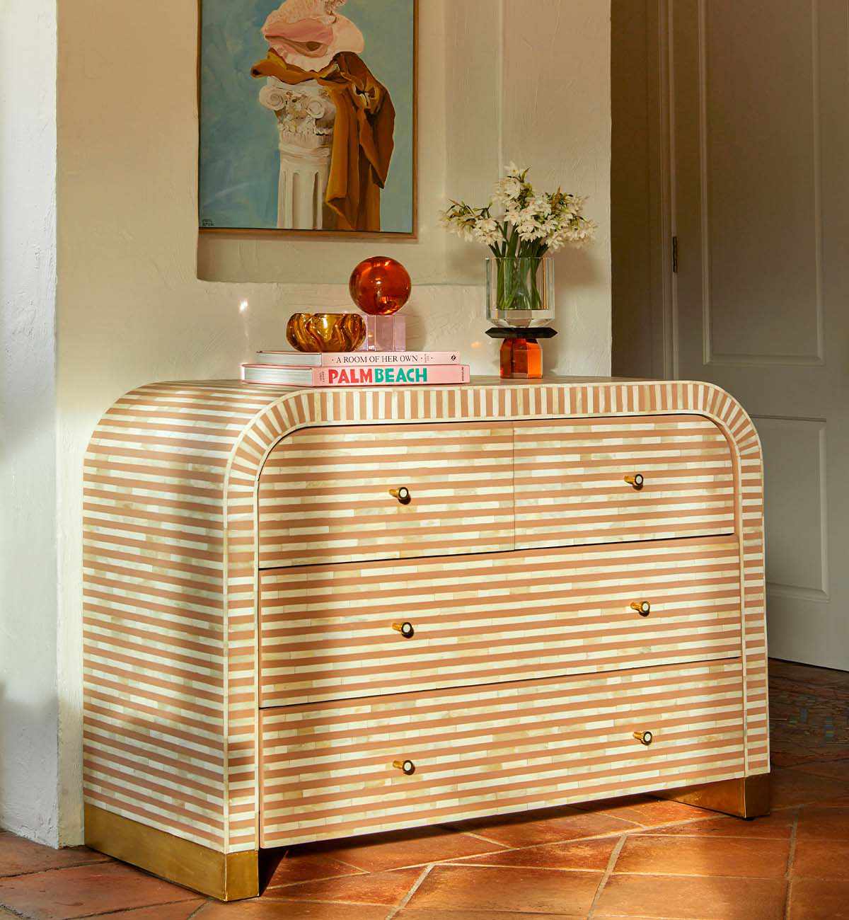 Bone Inlay Curved 4-Drawer Commode In Almond - Image 3