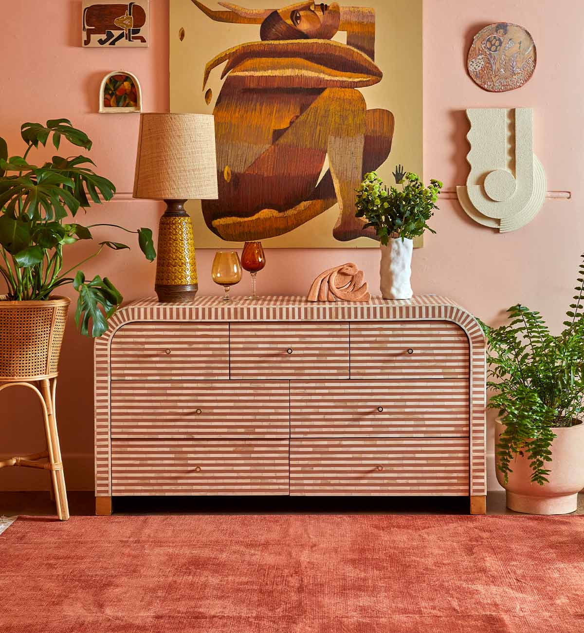 Bone Inlay Curved 7-Drawer Commode In Almond - Image 3